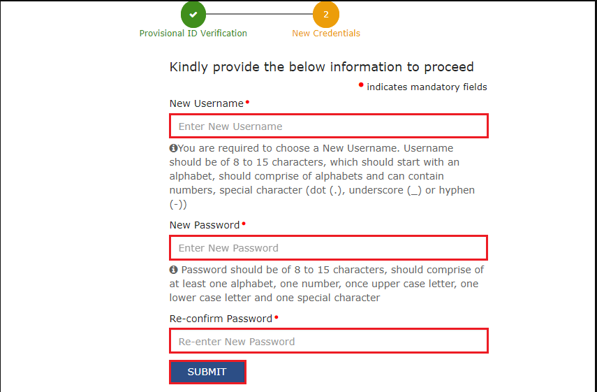 new username and password