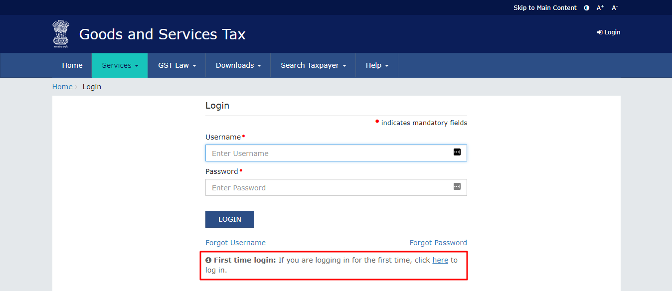 first time login to GST account